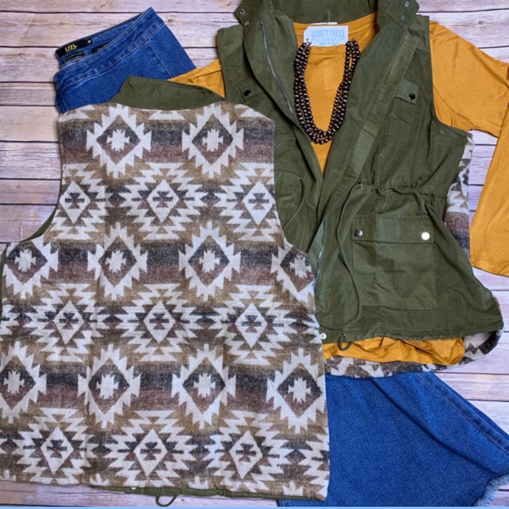 NWT Entro Olive Green Utility Aztec Southwestern Blanket Back Vest L